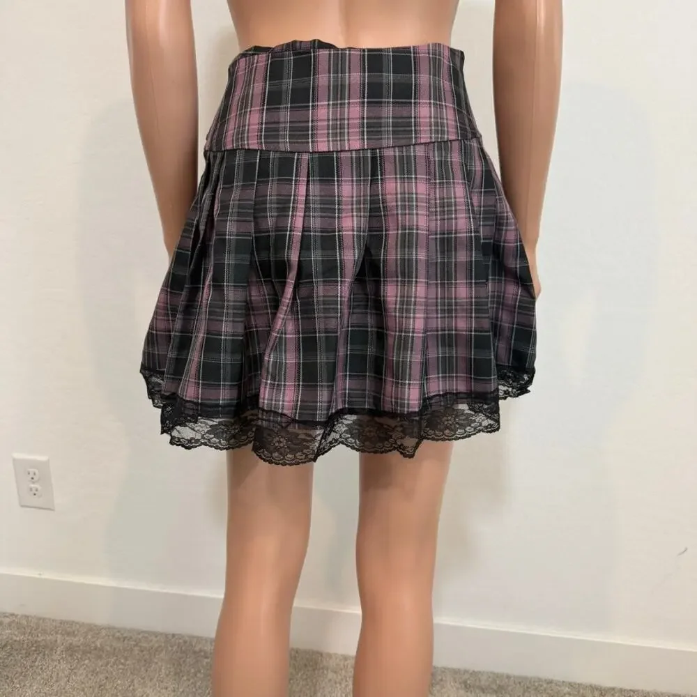 Romwe small schoolgirl plaid lace tie mini skirt cosplay SK 3467